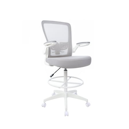 Boss Office Products Deluxe Drafting Chair, White Frame, Gray Mesh and Fabric with Flip Arms B16366WT-GY